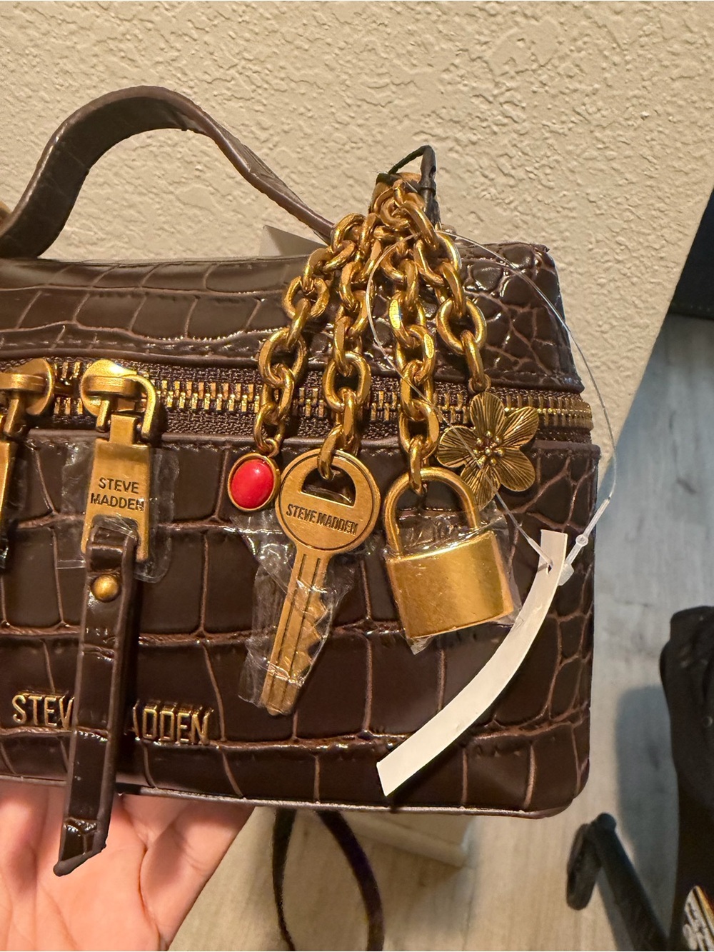 Steve Madden Dark Brown Croc-Embossed Mini Crossbody with Gold Hardware - Picture 3 of 8